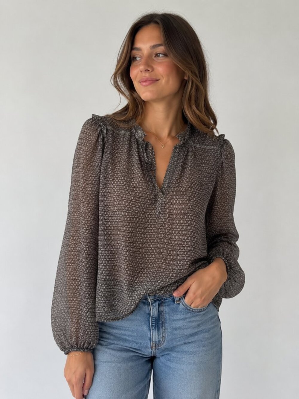 Joie Geometric Print Tie Neck Puff Sleeve Blouse | Size M